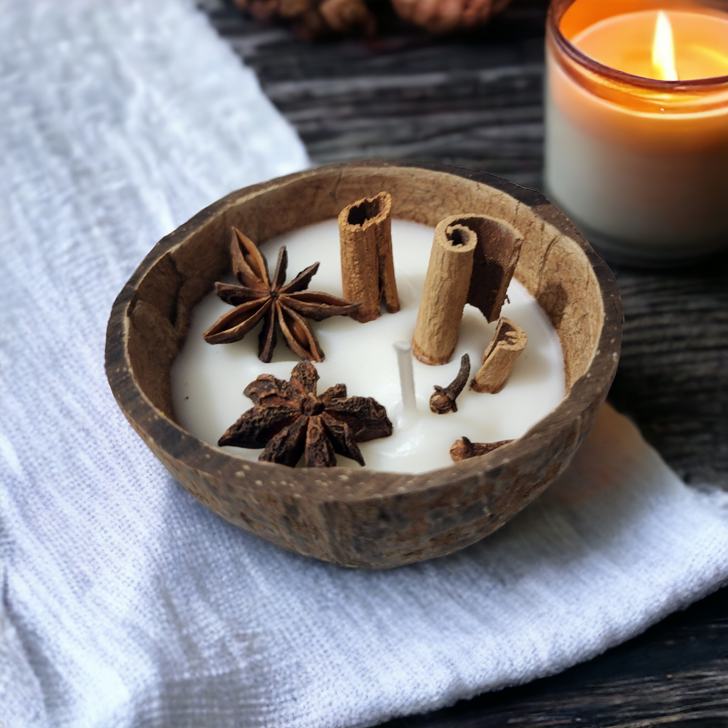 Cinnamon coco shell candles